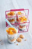 Frozen Yogurt mit Pfirsich und Keks in Bechern