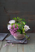 Arrangement of broccoli, hydrangeas and eustomas