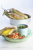 Barbecued Corn with Chunky Salasa and Mexican Rice