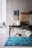 Wabi Sabi style work station with blue vintage carpet