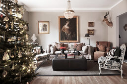 Christmas tree in elegant living room in earthy shades