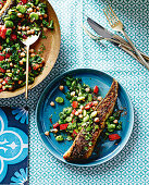 Grilled flathead with egyptian-style broad beans