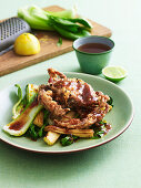 Stir-fried soft shell crab with pak choy and chilli sauce