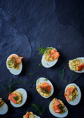 Stuffed boiled eggs with rooibos infused trout