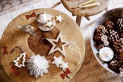 Christmas decorations on rustic wooden stool