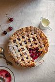Cherry pie, view from above, sliced removed