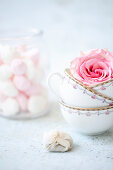 Stillleben mit Teetassen, Rosenblüte, Teebeutel und Baisertupfen im Glas