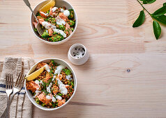 Lentil salad with salmon and yoghurt dressing