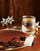 Chocolate and walnut brownies and baking mix in a glass (Christmas gifting)