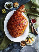 Glazed Christmas ham with mixed pickles