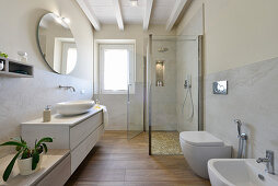 Washstand, shower cabinet and bidet in renovated bathroom