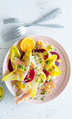 Chicory salad with smoked trout, beetroot and orange