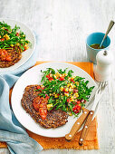 Chargrilled steak with corn and rocket salad