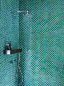 Shower area with green mosaic tiles