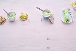 Orange and kiwi bread, fruit tartlets, kiwi and pear cream on crispbread, and fruity cabbage roulade with low fat quark