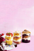 Strawberry and lime trifle, mango coconut and macadamia cheesecake, chocolate caramel nutty crunch