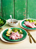 Broccoli tabbouleh with turmeric and buttermilk dressing, baked ham and boiled new potatoes