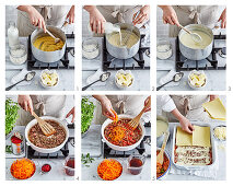 Preparing beef Bolognese Lasagne