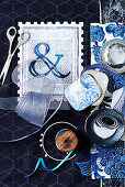 Decorative objects and decorative material on a blue background
