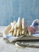White asparagus and kitchen yarn on a tea towel