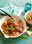 Pasta with chicken, minted pea and ricotta meatballs