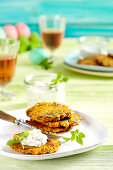 Carrot and chard fritters with a tomato and cream cheese dip