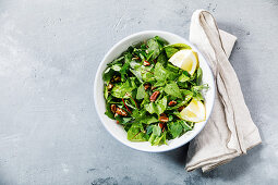 Salad from Meadow and Medicinal herbs with dandelion and nettle leaves for clean eating biohackers paleo diet