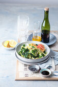 Savoy cabbage salad with apples, black sesames seeds and a lemon and soya dressing (Asia)