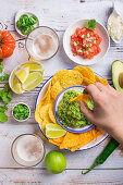 Typical mexican guacamole snack with nachos