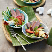 Peking duck bowl with plums and spring onions