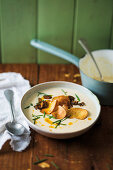 Creamy potato and smoked mussel soup