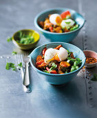 Bean ratatouille with eggs and crispy capers