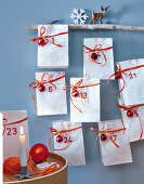 An Advent calendar made from numbered bags on a branch