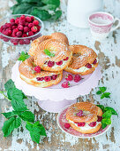 Choux pastry rings with quark cream and raspberries