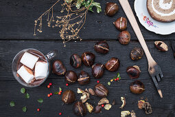 Kakao mit Marshmallows dazu Kastanien-Roulade mit Marshmallowfüllung
