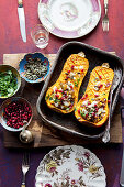 Middle eastern roasted butternut squash with quinoa and pomegranate