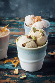 Ice cream with salted caramel, pistaccio and peanut butter