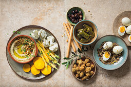 Stuffed and crumbed green olives, Greek marbled eggs with dukkah, Smoky baba ghanoush