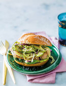 Gorgonzola-stuffed chicken burgers with pickled pear slaw