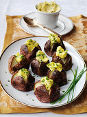 Salt crusted mini jacket potatoes with cold chive hollandause sauce