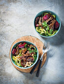 Ostrich steak stir-fry with baby marrow noodles