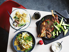 Freekeh, fennel and herb salad with citrus dressing, Slow-roasted lamb shoulder with zaatar and tahini yoghurt