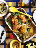 Almond dukkah chicken bake with amaranth and herbs