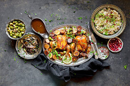 Roast Chicken Dinner with Fennel Rice, Brussels Sprouts, Baked Potato, Sautéed mushrooms, gluten-free