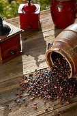 Coffee beans and vintage grinder