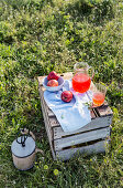 Wooden box with served napkin and glass of lemonade with apples in bowl on meadow