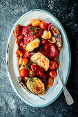 Pepper and aubergine medley with tomatoes on a serving platter