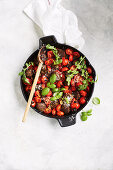 Lentil balls with roasted cherry tomato sauce