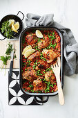 Spanish baked chicken with chorizo rice