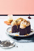 Roasted white chocolate fudge cake with tahini cream